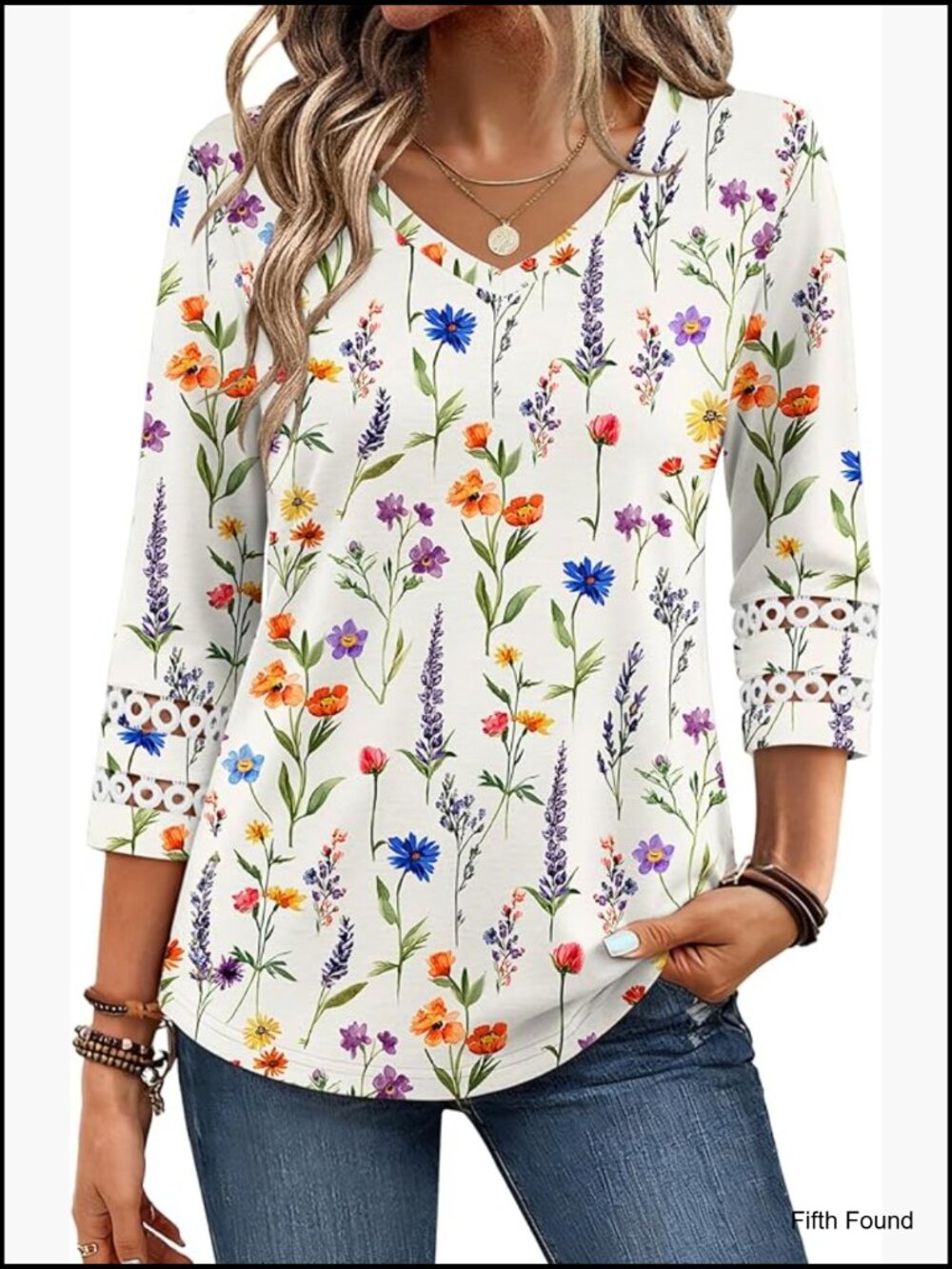 3/4 Sleeve V Neck Blouse Dressy Casual Eyelet T Shirt Work Top S-XXL
